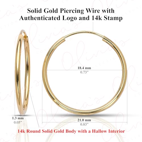 Olivia's Collection 14K White or Yellow Gold Lightweight Square Endless Hoop Earrings (11–35mm) Sizes, True 1.3mm Width, Perfect for Lobe & Upper Lobe Piercings, Unisex Design for Women, Men, and Teens2