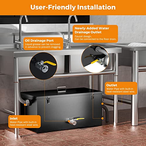 Beamnova 25Lbs Commercial Grease Trap Carbon Steel Black Grease Interceptor For Restaurant Kitchen Home Under Sink, Side Inlet #TOP3
