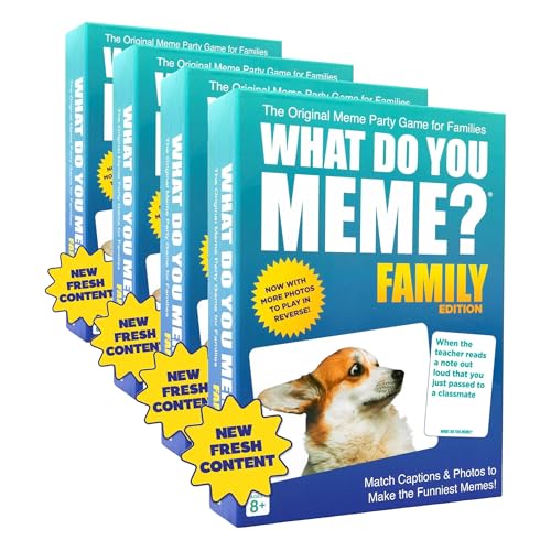 Image of WHAT DO YOU MEME? Family Edition by Relatable, Now with Refreshed Content - Kids Games 8+, Family Games for Kids and Adults, Includes 300 Caption Cards, 108 Photo Cards (Pack of 4)