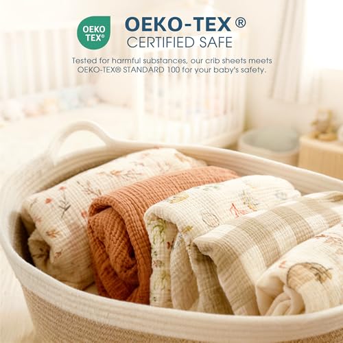 Image of GRSSDER 100% Cotton Muslin Crib Sheet 2 Pack - Breathable & Ultra-Soft Fitted Crib Sheets for Standard Baby & Toddler Mattresses, 52 inchx28 inch with 9 inch Deep Pocket, Snug Fit All-Around Elastic