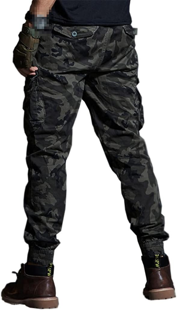 KEHAIOO Khaki Casual Pants, Men Military Tactical Joggers, Camouflage Cargo Pants, Multi-Pocket Black Army Trousers Green camouflage1A 32