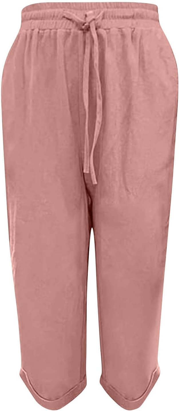 YRAETENM Linen Capri Pants for Women Summer Casual Elastic High Waisted Bermuda Shorts Loose Comfy Lounge Capris with Pockets