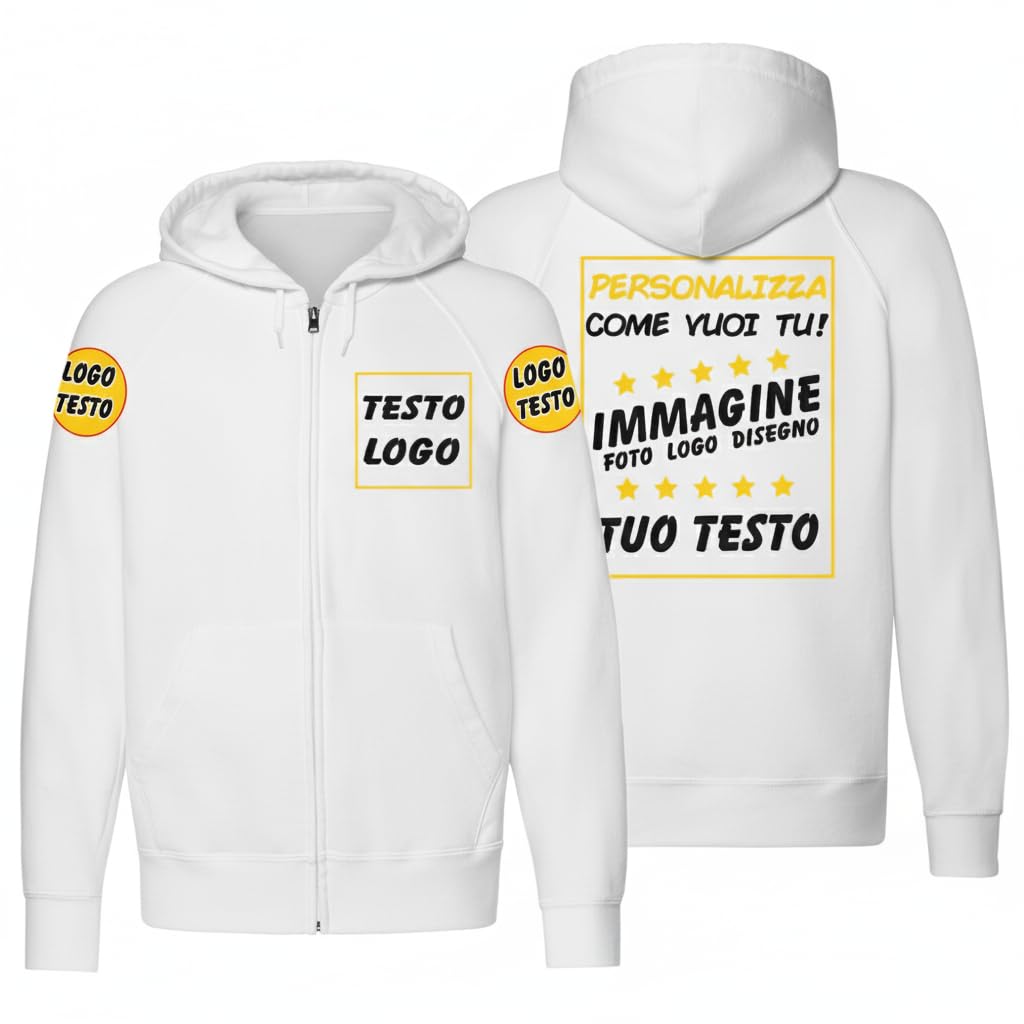 t-shirteria - Felpa Personalizzata - Fronte, Retro e Maniche Personalizzabili - Disponibile per Uomo e Donna - Stampa Nitida e con Colori Brillanti - Cuciture Rinforzate, 100% Cotone