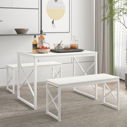 VECELO Kitchen Dining Table Benches Set for 4, 43.3' Wooden Dinette with 2 Benches, Heavy-Duty Dining Room Table for Small Space, Breakfast Nook, White