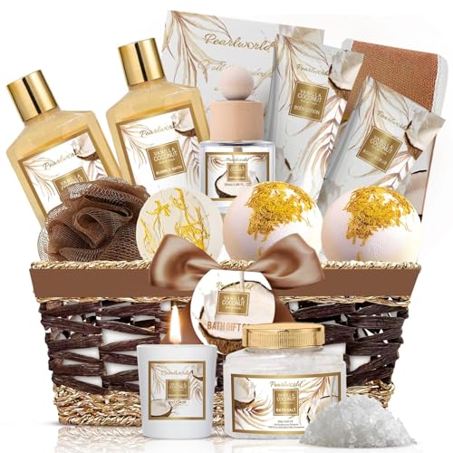 Birthday Gifts Basket for Women, 15pcs Vanilla Coconut Bath Set with Shower Gel, Bubble Bath, Diffuser Oil, Scented Candle, Skin Care Kit Birthday Gift for Women