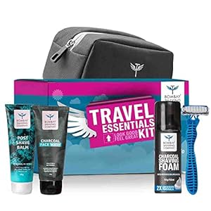Bombay Shaving Company Grooming And Shaving Travel Kit For Men |Pack Contain Charcoal Face Wash, Charcoal Shaving Foam, Post Shave Balm, the Boss Razor and a Travel Bag |