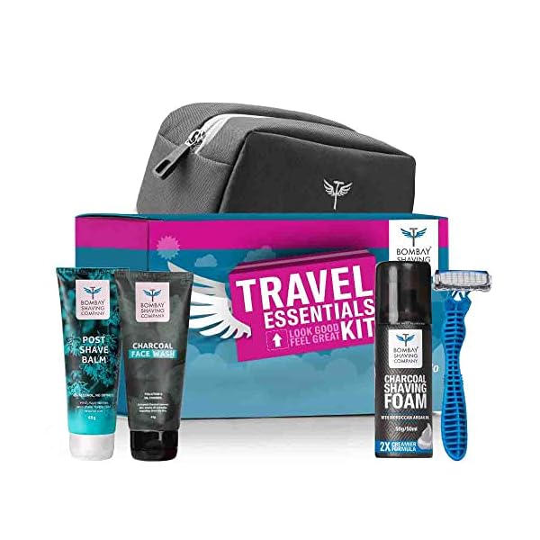 Bombay Shaving Company Grooming And Shaving Travel Kit For Men |Pack Contain Charcoal Face Wash, Charcoal Shaving Foam, Post Shave Balm, the Boss Razor and a Travel Bag |