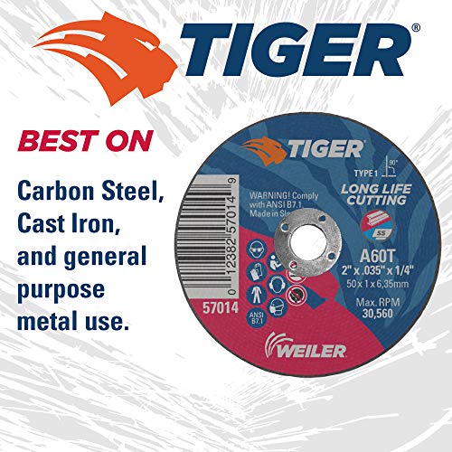 Image of Weiler 57014 2-Inch Cutting Wheel, Tiger AO Steel /Metal Long Life, Performance Cutting, 0.035 inch A60T Type 1 1 /4 inch Arbor (Pack of 100)