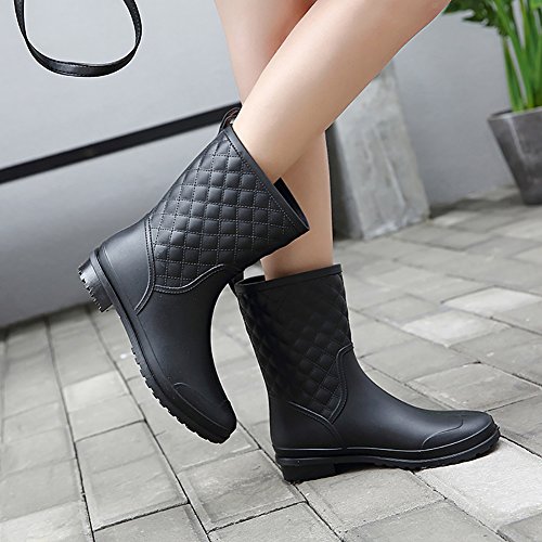 17KM Womens Black Short Anti Slip Rain Boots Mid-Calf Waterproof Rubber Garden Rain Shoes 7 US, Grid Black - Thumbnail 7