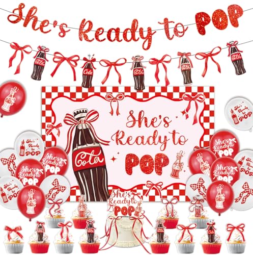 Shes Ready to Pop Baby Shower Decorations Red White and Due Baby Shower Party Supplies with Backdrop Banner 16 Balloons Cake Topper & 12 Cupcake Toppers Shes About to Pop Baby Shower Decorations