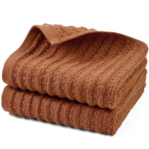 Cleanbear Waffle Hand Towels Set of 2, 100% Cotton Terry Striped Burnt Orange Hand Towels for Bathroom & Kitchen Fall Decor, Soft, Absorbent & Quick-Dry, 13 x 28 Inches