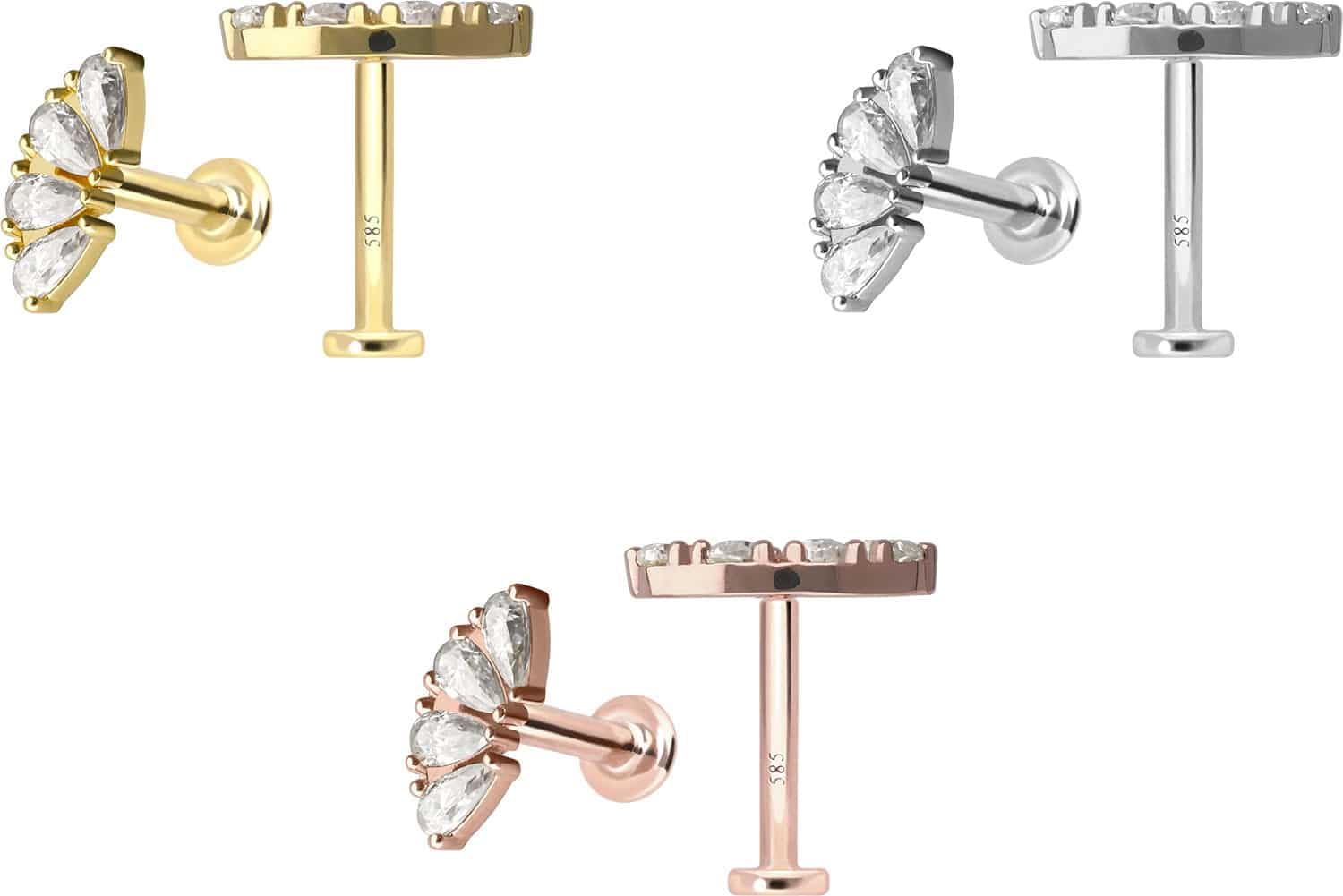 PIERCINGLINE Piercing Stecker 14 Gold Labret mit Push Fit MOISSANIT-BOGEN 585er Gold - Roségoldfarben, Goldfarben, Silberfarben