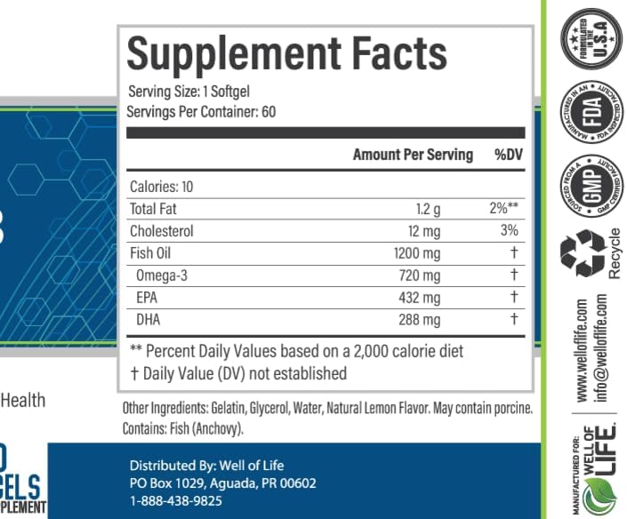 Miniatura 2 de Well of Life Aceite de pescado Omega-3 60 cápsulas blandas Alto EPA y DHA para la salud del corazón y el cerebro Suplemento de aceite de pescado