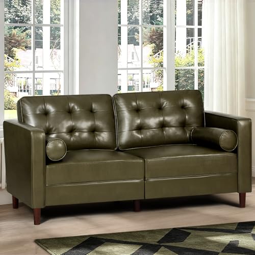Image of 67 inch Premium Faux Leather 2-Seater Sofa with 2 Bolster Pillows and Tufted Backrest, Mid-Century Modern Loveseat Sofa, Luxury Couch for Living Room, Bedroom, Office, Olive Green