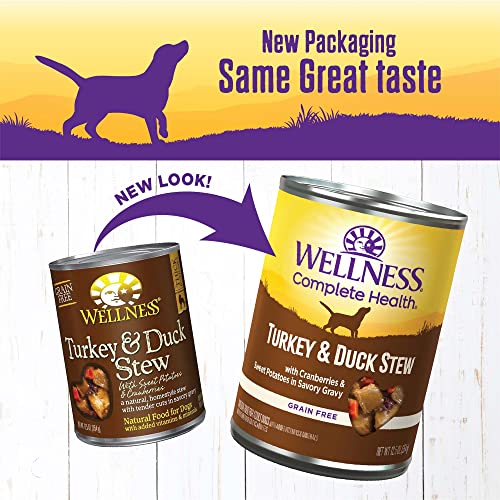 Image of Wellness Complete Health Stew Adult Canned Wet Dog Food, Grain Free, Natural, Turkey and Duck Recipe, 12.5 oz, Pack of 12 Cans