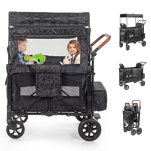 Ktaxon 2 in1 Double Stroller Wagon for Kids, Foldable Baby Cargo Strollers with 2 High Face to Face Seats, Removable Canopy, 5-Point Harnesses & Front Zipper Door for Travel, Beach (Black Camo)