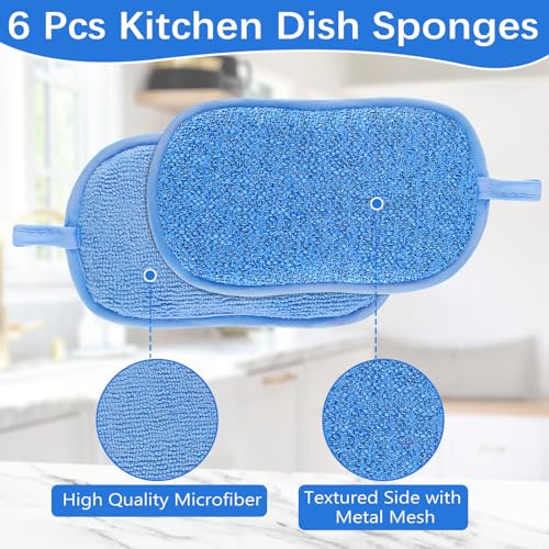 Image of 6 Pack Dual-Sided Sponges Kitchen, Non Scratch Microfiber Dish Sponge All Purpose Dish Washing Scrubber for Cleaning Non-Stick Cookware Dishes Kitchen Pots Pans Sink Household(Blue)