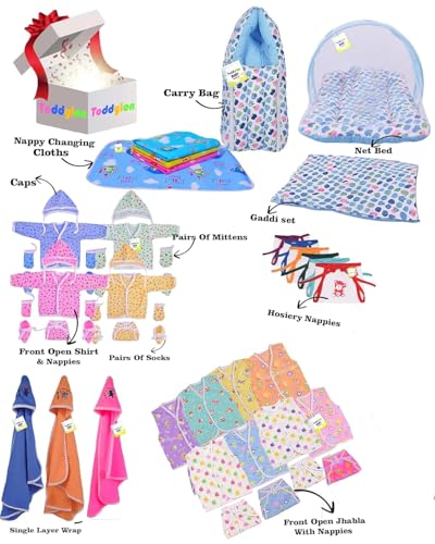 Image of Toddylon 56 in 1 New Born Baby Products All Baby Bedding Set | Baby Clothes | Gift Packs | Hospital Kit | Essentials Items | Combo | Infants Boys Girls | (0-6 Months)