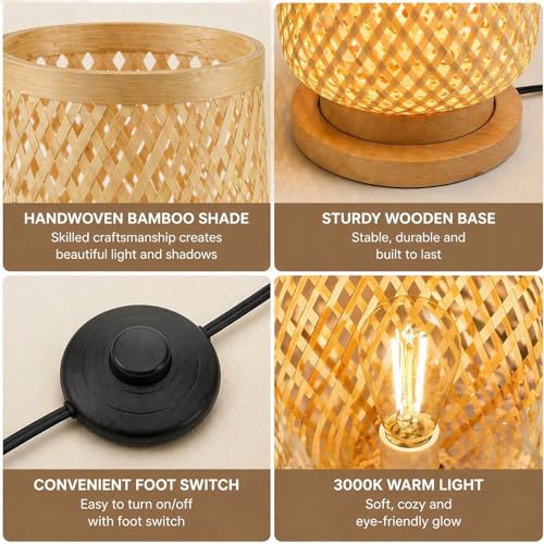 Image of Boho Style Bamboo Woven Floor Lamp for Living Room,36 in,Cozy Decor | Handcrafted Wicker Shade,Unique Shadow Pattern,No Assembly Required,3000K Warm Ambient Lighting,Suit for Bedroom Corner
