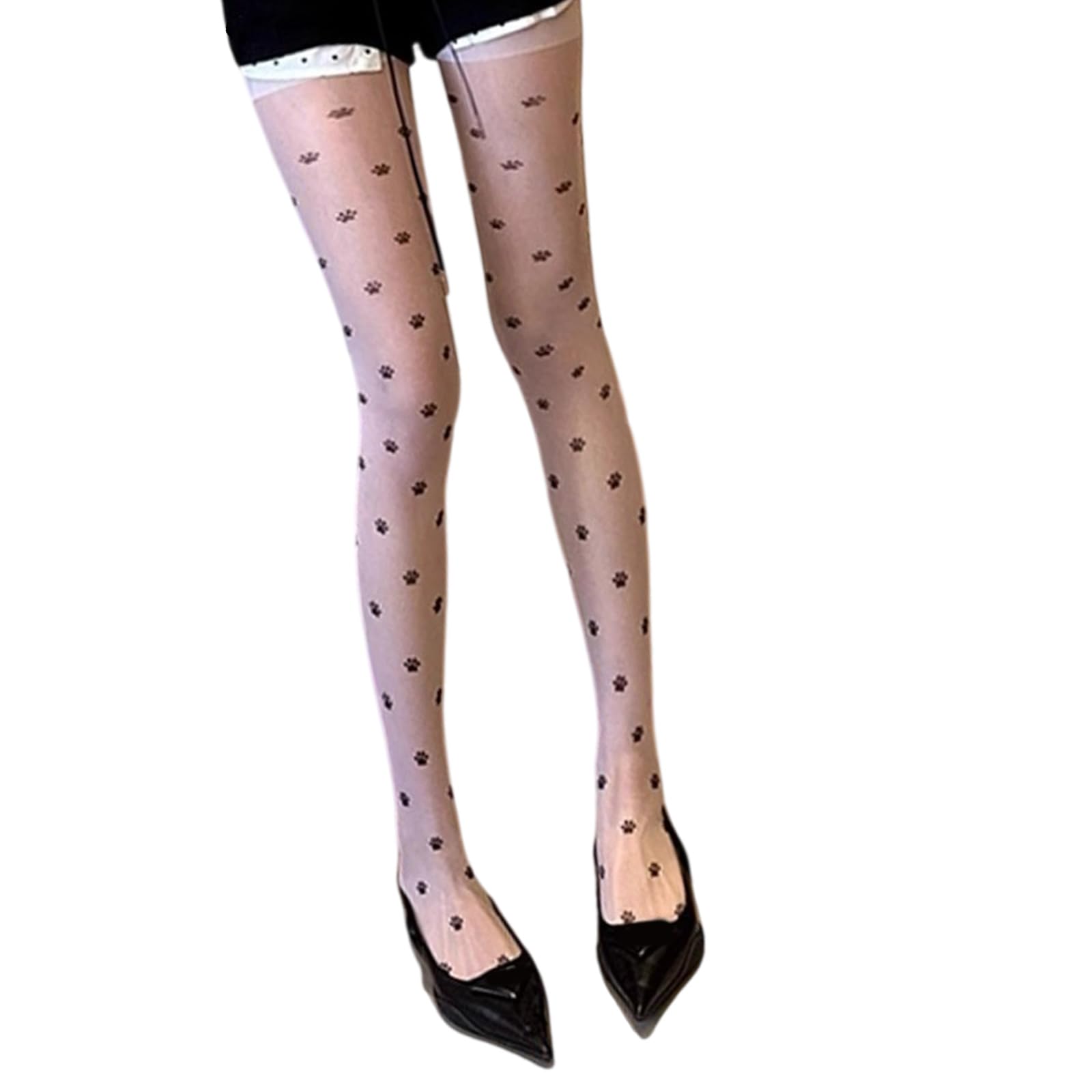Hinayosan Unisex A Esthetic Cats Paws Bowknot Print Sheer Pantyhose Stockings For Women Teen Vintage Thin See Through Silk Tights Leggings Sheer Silk Leggings