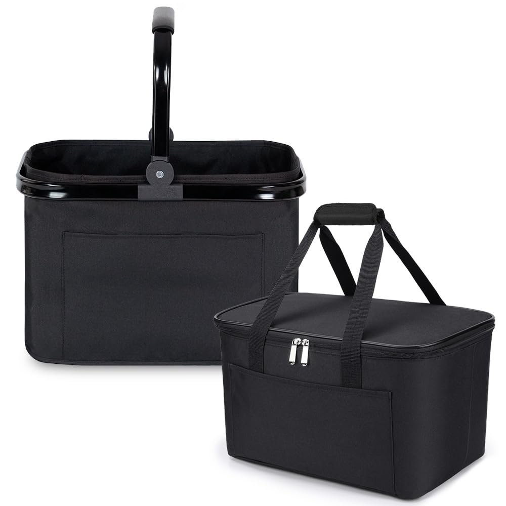 Diurwur Juego de compras clásico de 30 l, 2 piezas, compuesto por cesta de la compra y bolsa isotérmica, cesta de la compra con mango de aluminio, bolsa de la compra plegable con aislamiento para