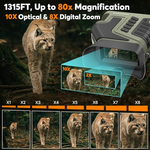Image of WOSPORTS 4K Night Vision Goggles - up to 80X Total Magnification, 10X Optical + 8X Digital Zoom, 64GB TF Card, 1315FT Vision Range, 5000mAh Rechargeable Battery, IPX Waterproof NVG, Gifts for Men