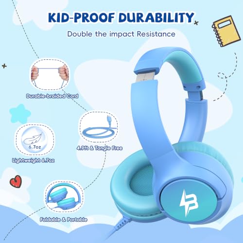 Image of USB C Headphones Wired for Kids, 85 /94dB Volume Limit With Mic, Light Blue | Kid Headphones for School, Wired Over Ear USBC Plug in Corded Headphones for Boys Girl Toddler, iPad, Tablet, Airplane Travel
