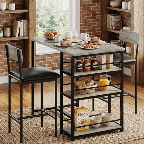 GarveeHome Dining Table Set for 2, Counter Height Kitchen Table with 2 Upholstered Bar Stools, Dining Table and Chairs Set with Storage Shelves, for Small Space, Apartment, Studio, Retro Gra