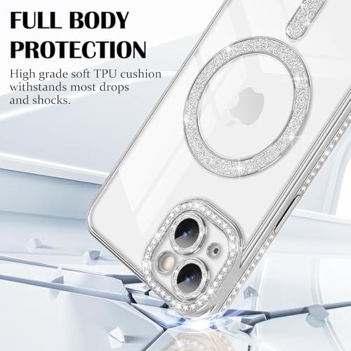 Image of DIZORO Compatible with (iPhone 15 Plus Case) Clear Luxury Diamond Glitter Case |Camera Lens Protector with Glitter Ring | Premium Shockproof Glossy Shiny Back Cover Case for Girls Women -Silver