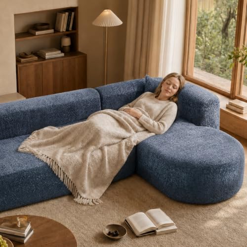 Image of Oversized Sectional Sofa with Chaise with 2 Throw Pillows, 109 inch Modern Luxury Chenille Sofa Extra Wide Seat L-Shape Curved Cloud Couch for Living Room (Right Chaise, Blue)