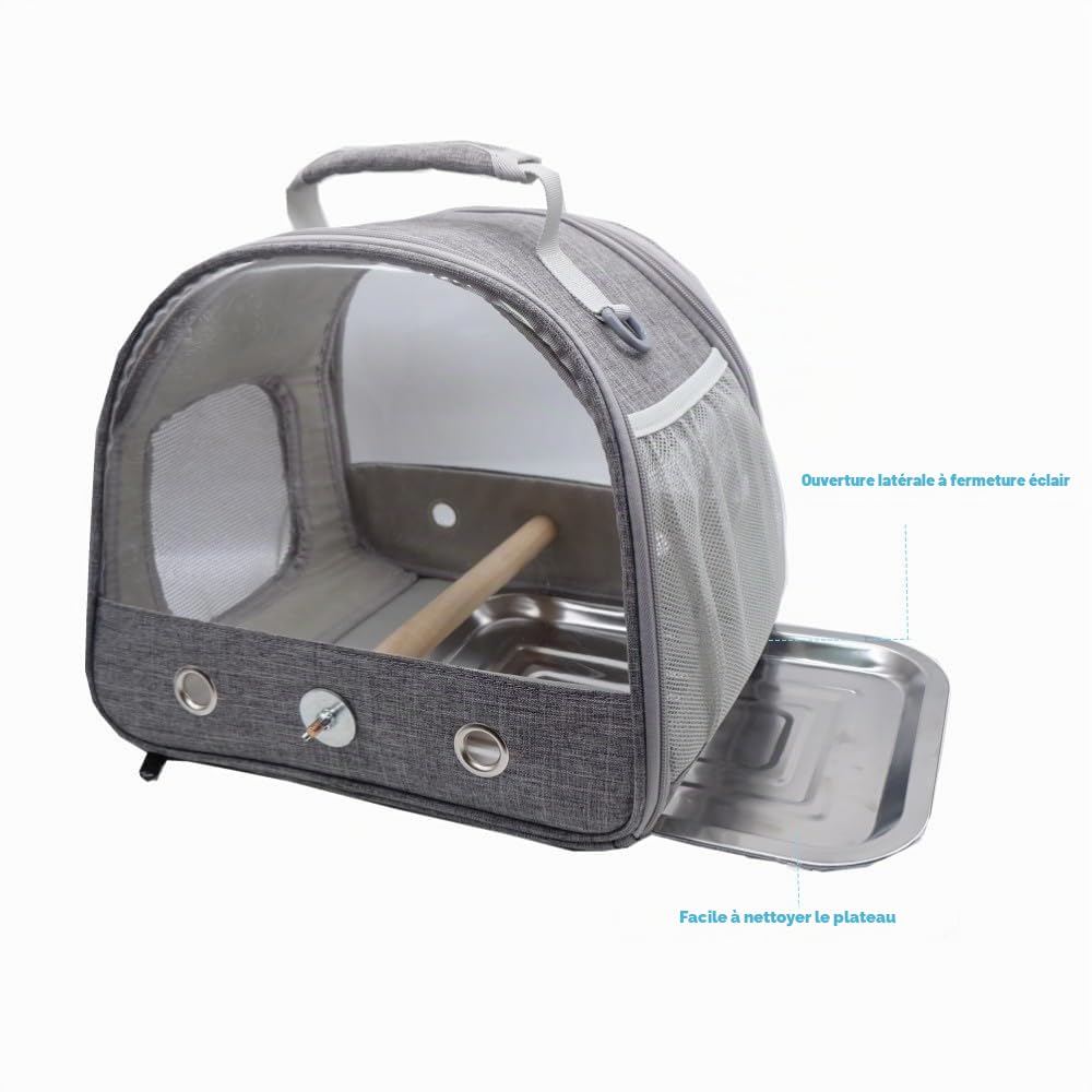 Cage de transport pour oiseaux avec perchoir debout et plateau en acier inoxydable, sac de transport pliable respirant pour petits oiseaux pour perroquets, perruches, petits animaux pour voyage