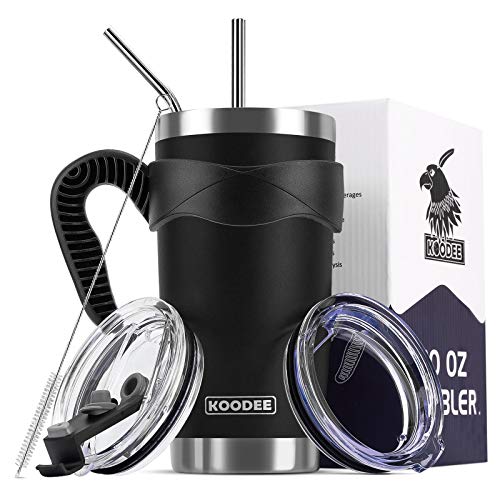 Koodee 20 oz Tumbler Stainless Steel Insulated Coffee Cup with 2 Straw, 2 Straw Lid,Brush and Handle (20 oz, Matte Black)