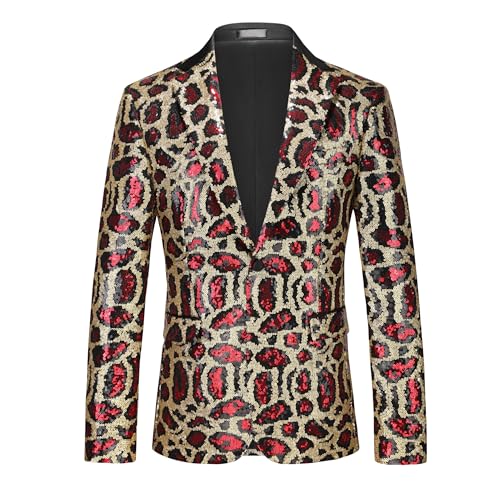 MOGU Men's Sequin Jacket Leopard Print Sparkly Glitter Blazer Shiny Dress Tuxedo Sport Coats for Party Prom Dinner Stage Club