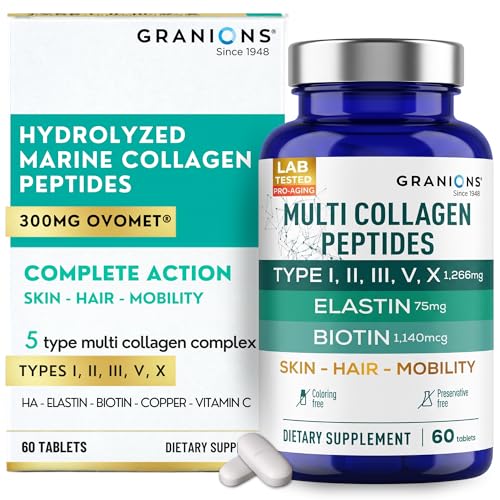 Granions Hydrolyzed Multi Collagen Peptides Pills for Women & Men - Type I II III V X Ovomet Egshell Membrane Elastin Hyaluronic Acid Marine Collagen Biotin Vitamin C Complex - 30 Servings