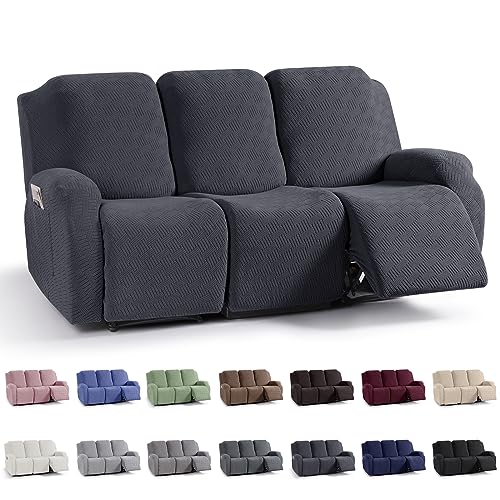 Image of KinCam Recliner Covers, Stretch Reclining Chair Covers, Recliner Sofa Slipcovers Stripe Jacquard Recliner Couch Covers Furniture Protector Covers for Pet Kid (3 Seater, Charcoal Gray)