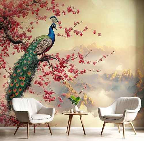 CECE&COLE Papel Pintado 150×105 CM Seda MontañA áRbol De Durazno Pavo Real Papel Pintado, Impermeable Pared Papel Pintado Para DecoracióN De Paredes En BañO Dormitorio Muebles SalóN Cocina