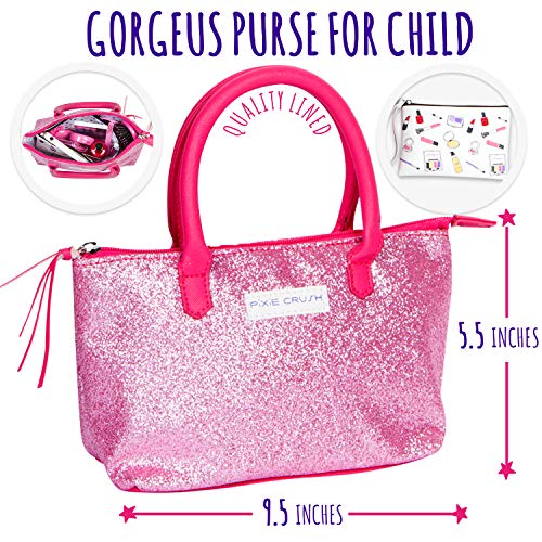 PixieCrush Deluxe Pink Sparkle Pretend Play Kid Purse Set for Girls with Handbag, Pretend Smart Phone, Keys with Remote, Pretend Makeup, Lipstick – Interactive & Educational Toy