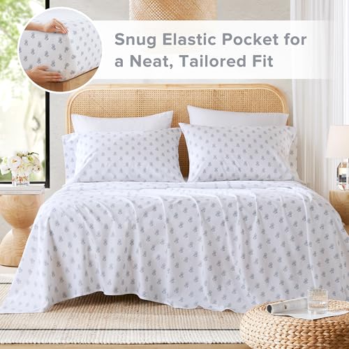 Comfort Spaces 100% Cotton Sheets Twin, Breathable, Naturally Cool Cotton Sheets, Soft Cotton Bed Sheets with 12" Elastic Pocket Fits up to 14" Mattress, All Seasons Sheet Set, Floral Blue 3 Piece