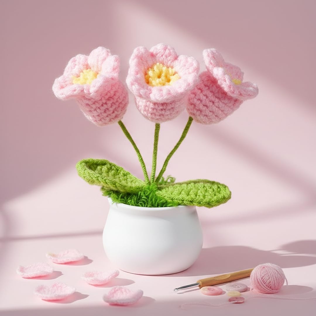 MAIBAOTA Pink Crochet Flowers Handmade Knitted Flower Bouquet Lily of The Valley Potted Plants Birthday Gifts for Women Desk Decor Accessories