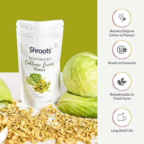 Image of SHROOTS Dehydrated Cabbage Leaves Flakes | 100% Natural & Pure Vegetarian | Machine-Dried for Maximum Freshness | No Preservatives, Nutrient-Rich & Aromatic | Ideal for Cooking, Soups, Curries & Seasoning | 45g Each (Pack of 1)