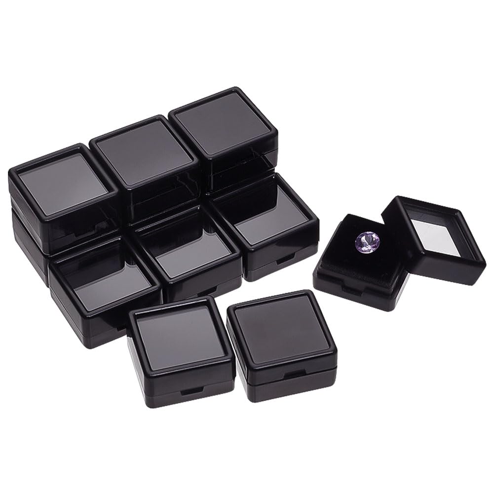 NBEADS12 Pcs Gemstone Display Boxes, 1.14x1.14x0.65 inch Black Plastic Square Jewelry Display Container Diamond Storage Box with Clear Glass Top Lids and Sponge for Bare Stone Naked Diamond