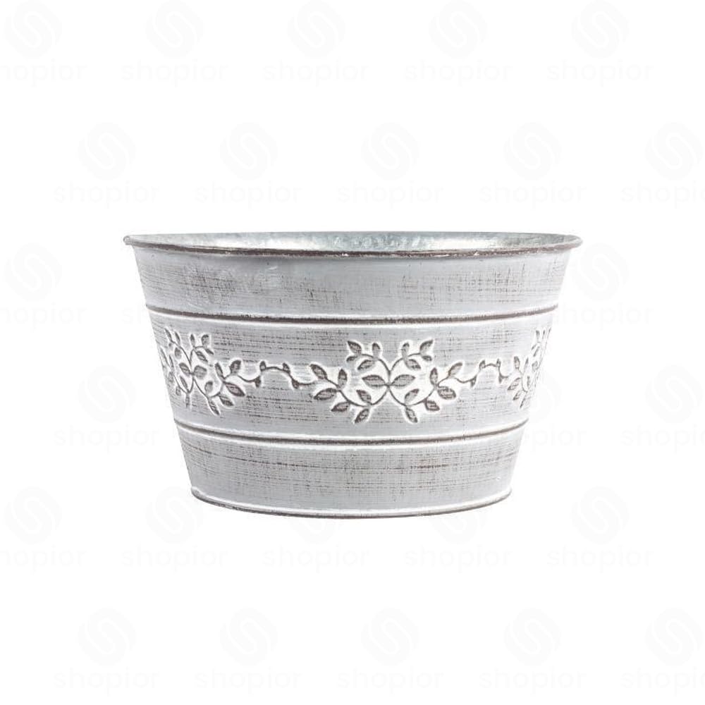 shopior Embossed Leafy Vine Design Tin Trough, Pail, Bowl, WateringCan and Teacup – Zinc Oval Galvanised Metal Planter | Rustic Grey Decorative Indoor Outdoor Plant Pot (Tin Bowl-21cm-Grey-Pack 1)