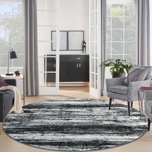 KOZYFLY Circle Rug 6Ft Modern Abstract Ombre Area Rug for Bedroom, Washable Round Rug Non-Slip Soft Striped Living Room Circle Rug, Black Navy Blue Grey Carpet for Laundry Nursery