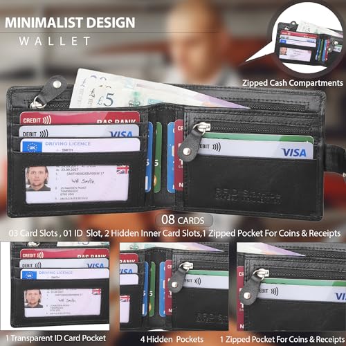 Mens RFID Blocking Contactless Card Protection Billfold Wallet Premium Veg Tanned Leather 840 Black2