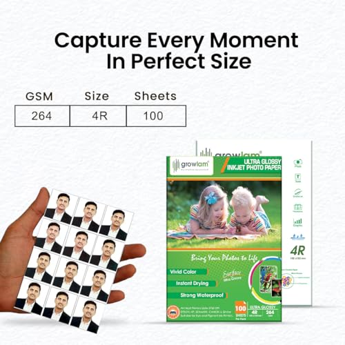 Image of Growlam Ultra Glossy Photo Paper 264 GSM 4R Size, 100 Sheets (Pack of 4) | Waterproof Technology, Instant Drying, Superior Colour Accuracy, Outstanding Ink Absorption, Resin-Coated for Long Durability