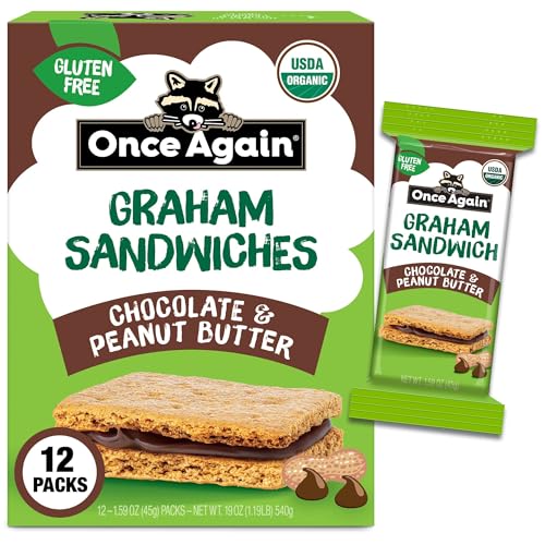Once Again Chocolate Peanut Butter Graham Sandwiches - Organic, Gluten Free Graham Crackers with PB & Dark Chocolate Filling - Gluten Free Snacks for Kids & Adults - Dairy Free School Snacks, 12 Ct