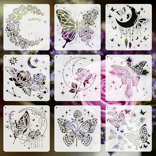 Lot de 9 pochoirs papillon rose 20 x 20 cm pour décoration murale, textile, meubles, loisirs créatifs pour enfants, bricolage sur bois, tissu, papier, scrapbooking,...