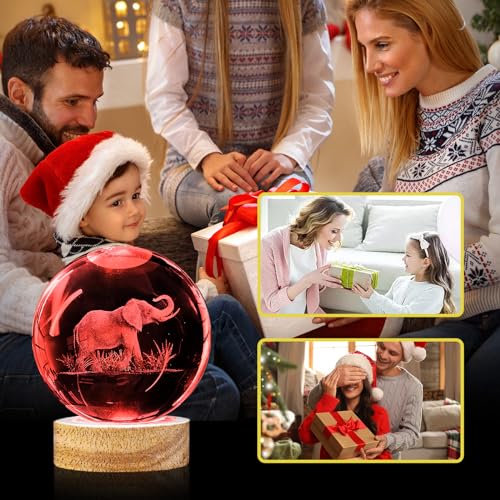Image of 3D Elephant Crystal Ball Night Light with Woodern Base, 3.15 inch Elephant Figurines Glass Lamp with 16 Colors Cool Desk Decor Elephant Gifts for Women Kids Friends Adults