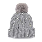 Womens Slouchy Winter Beanie Hat with Fur Ball Pompom Beanie Pearl Beads Fall Hat Warm Thick Knit Skull Ski Cap