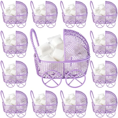 Image of Threehoney Baby Shower Mini Carriage Decoration Metal Wired Fillable Candy Stroller Baby Shower Table Centerpiece for Guest Gender Reveal Wedding Party Favor Gift (Purple,24 Pcs)